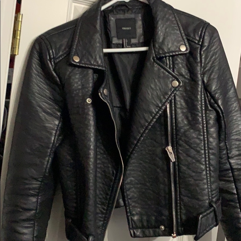 Black leather belted jacket
